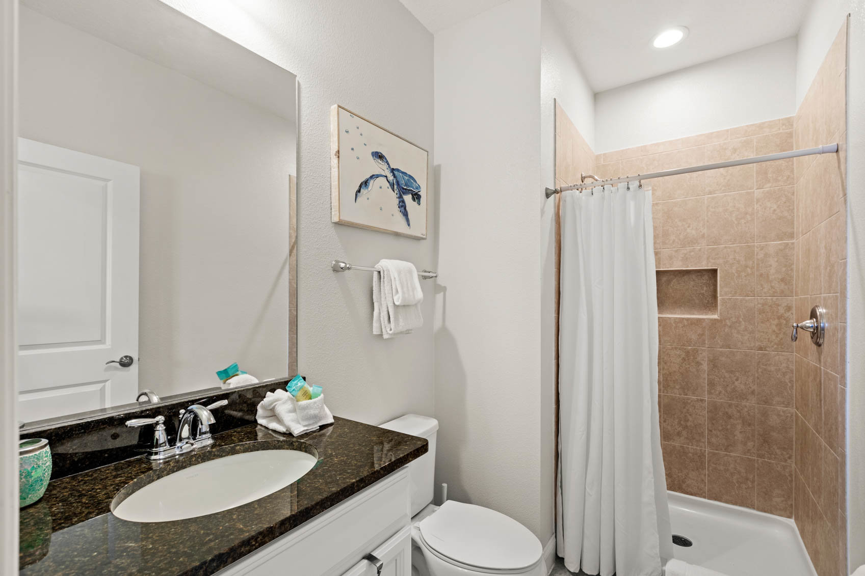 bathroom with dark counter and shower
